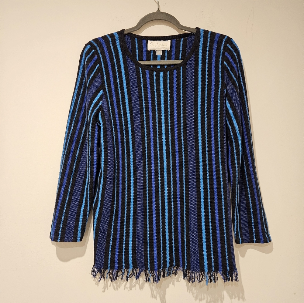 Pappagallo Black and Blue Striped Knitted Blouse, Size Small